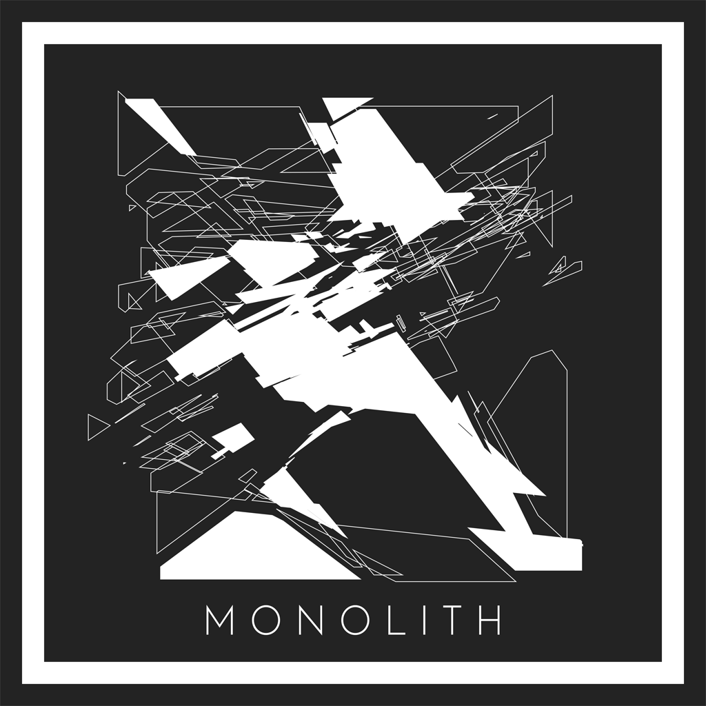 The cover artwork for the track 'Monolith' by OUTERSTATE. The track's title is written in stark capital letters underneath a large square in the center that has been 'sliced' into many individual shapes.